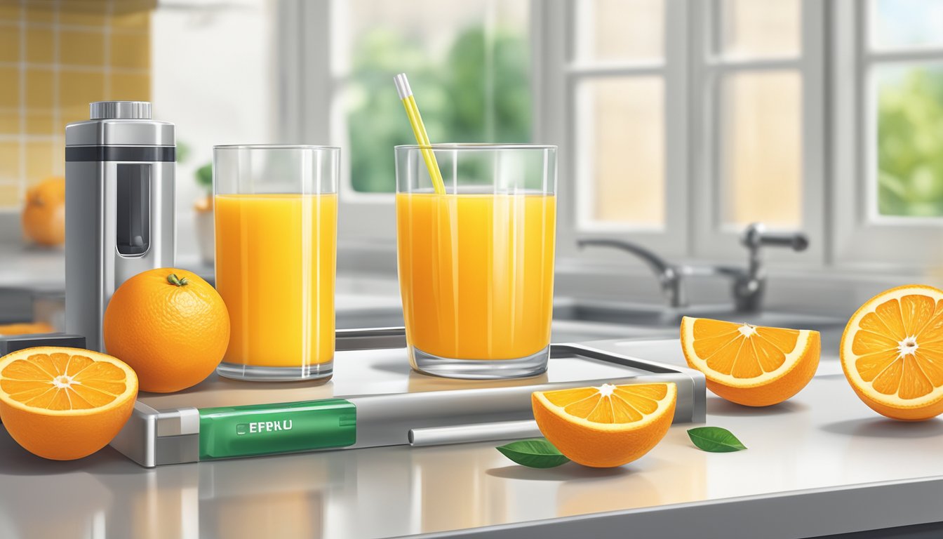 A glass of orange juice sitting on a kitchen counter, surrounded by fresh oranges and a pH testing kit