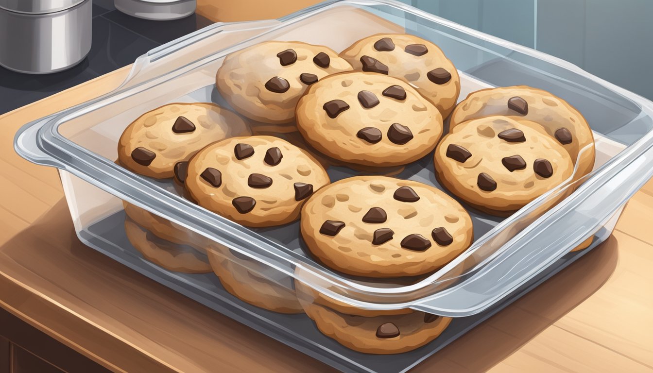 A plate of freshly baked cookies sits on a kitchen counter, covered with a clear lid to protect them from dust and maintain their freshness