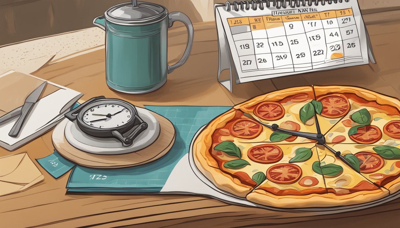 A pizza sitting on a kitchen counter with a calendar showing the date of purchase and a clock indicating the time passing by