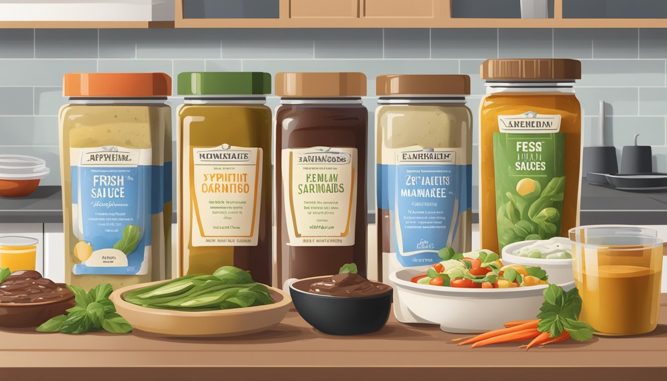 A variety of fresh marinades and sauces arranged on a kitchen counter, with labeled expiration dates visible on each container