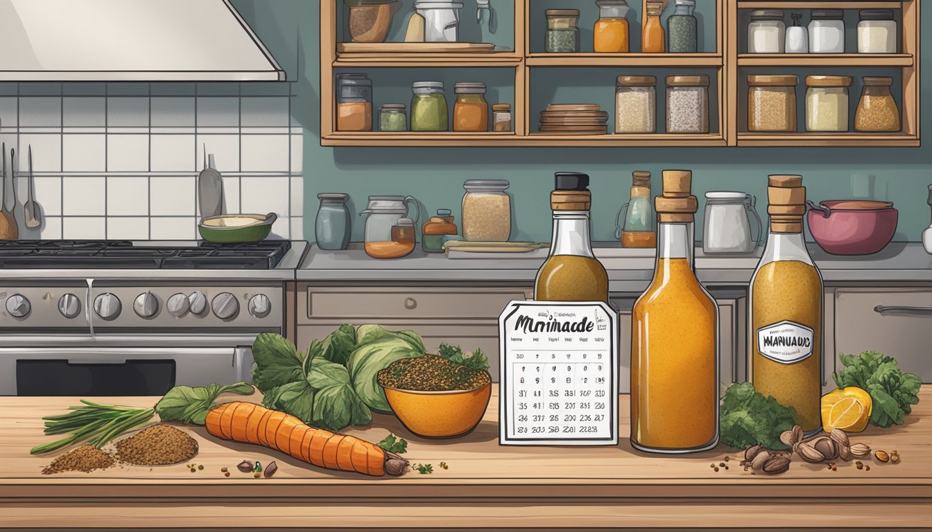 A bottle of marinade sits on a kitchen shelf, surrounded by various ingredients and spices. The label indicates the expiration date, while a calendar hangs nearby