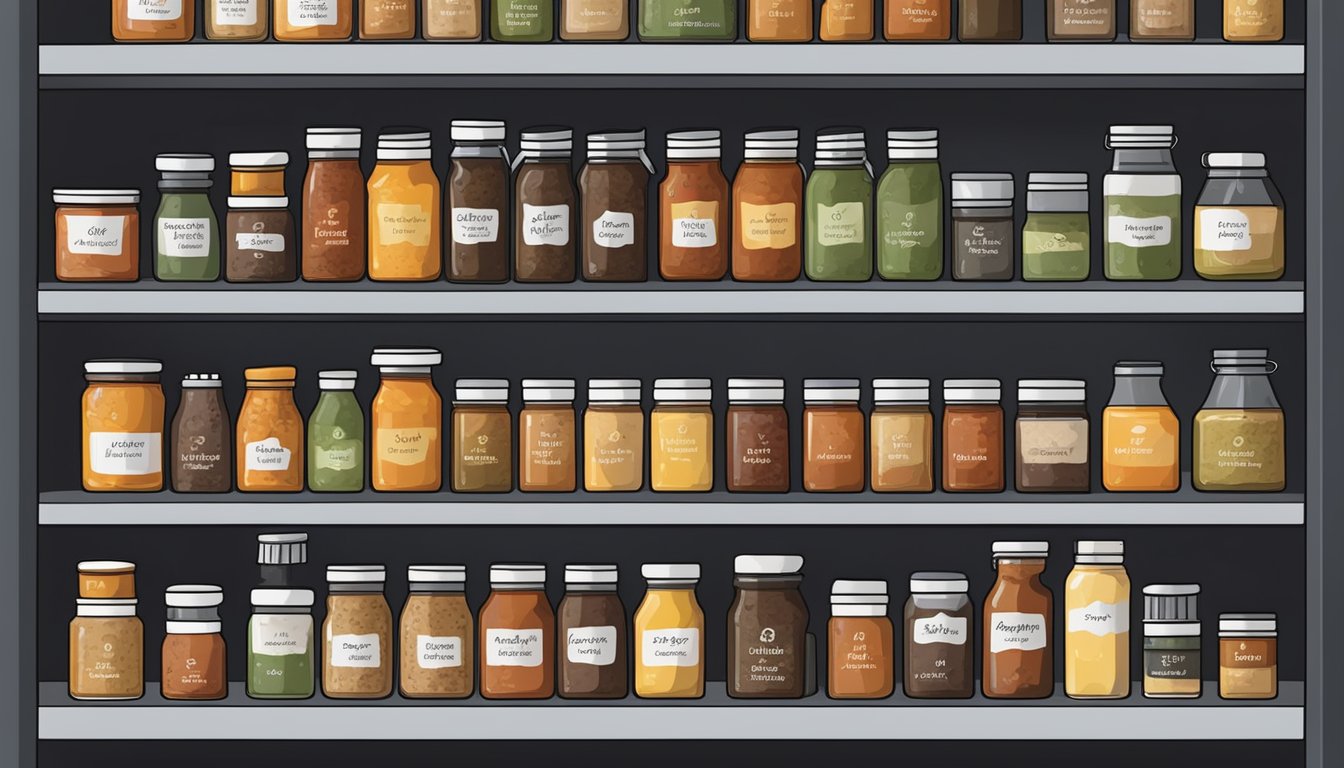 Airtight containers with various marinades and sauces labeled with expiration dates on a shelf in a cool, dark pantry