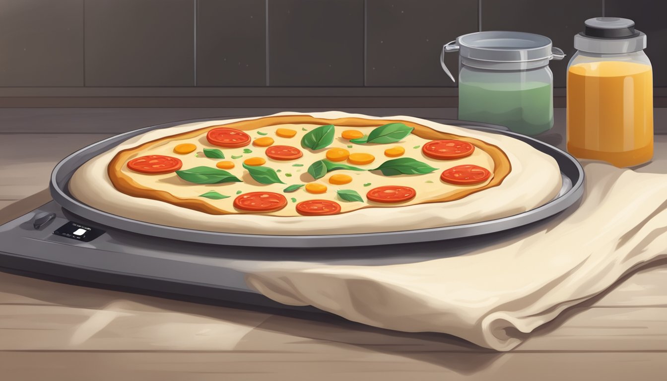 A freshly made pizza dough sits on a floured surface, covered with a clean cloth, while a digital timer counts down the recommended resting time