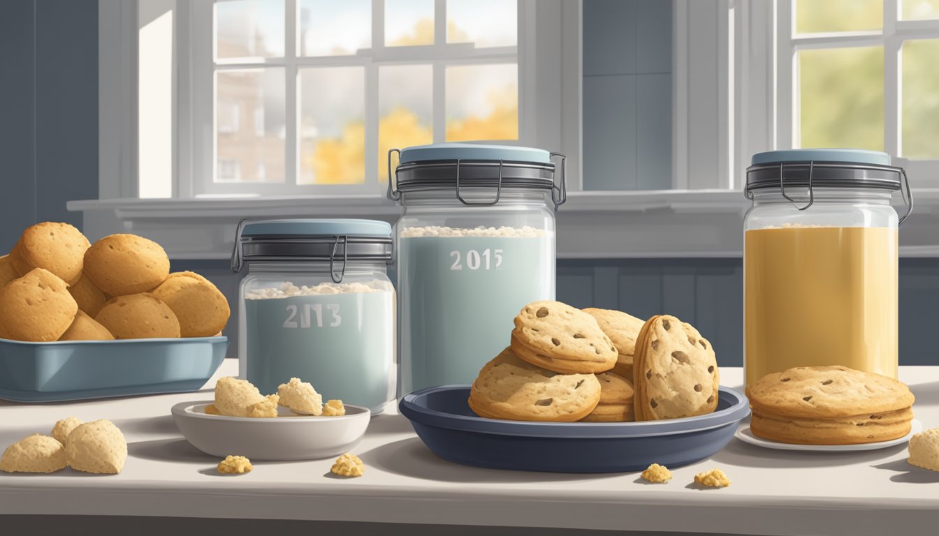 Airtight container with scones on a kitchen counter, surrounded by a few crumbs and a calendar showing the current date