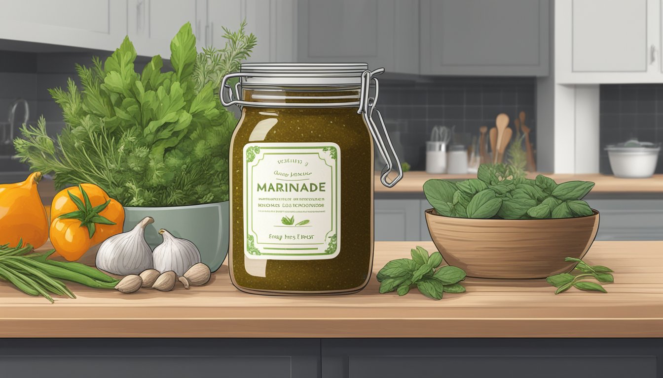 A jar of marinade sits on a kitchen shelf, surrounded by fresh herbs and spices. A label indicates the date it was made, with a note on recommended storage guidelines