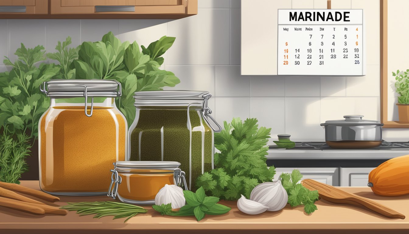 A jar of marinade sits on a kitchen counter next to fresh herbs and spices. A calendar hangs on the wall, marking the date of when the marinade was made