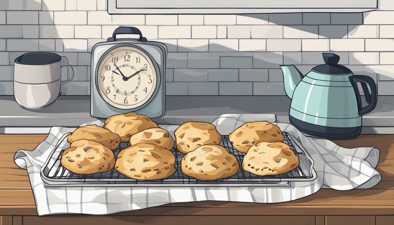 Freshly baked scones sit on a cooling rack next to a tea towel. A timer on the counter shows the remaining time for reheating