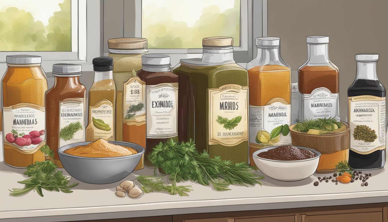 A variety of marinades and sauces arranged on a kitchen counter, surrounded by fresh herbs and spices, with labeled expiration dates visible