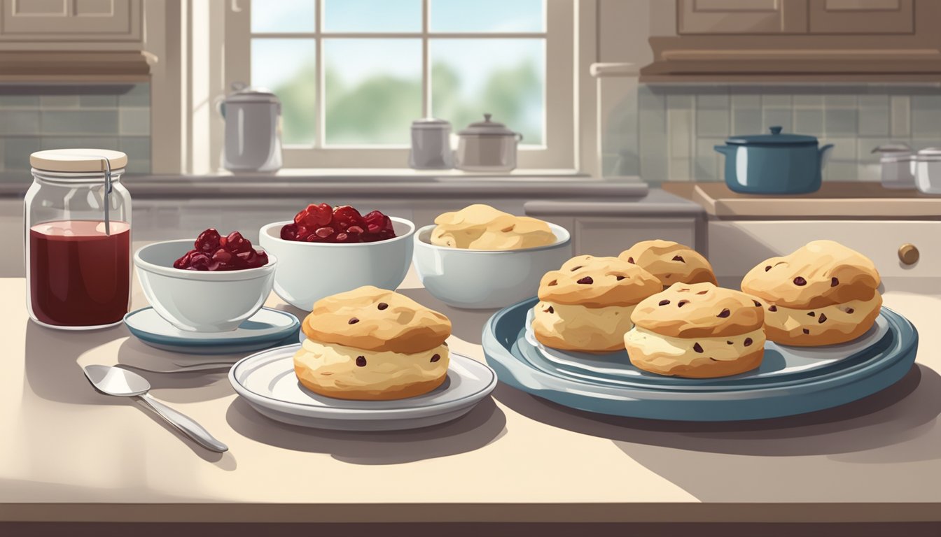 A plate of freshly baked scones sits on a kitchen counter, covered with a clean cloth to keep them fresh. A small container of jam and a jar of clotted cream sit nearby