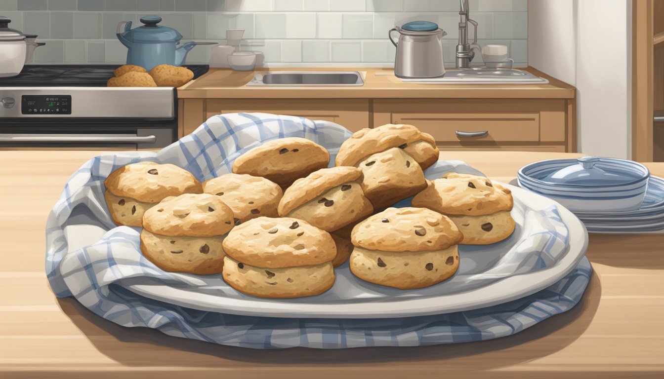 A plate of scones sits on a kitchen counter, partially covered by a cloth. A container labeled "scones" is shown being placed in the refrigerator