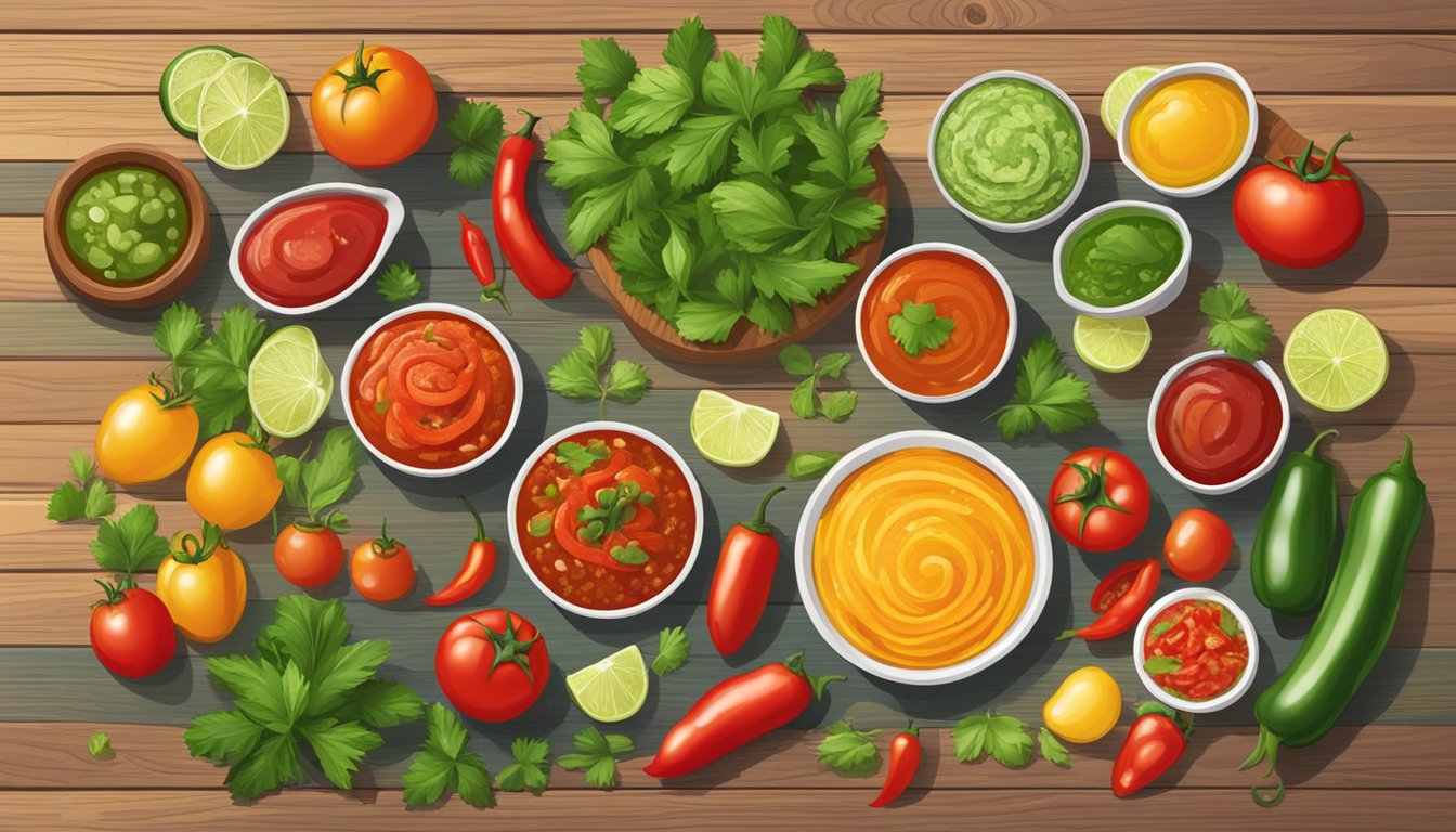 A variety of fresh salsas arranged on a wooden table, surrounded by vibrant ingredients like tomatoes, cilantro, and peppers