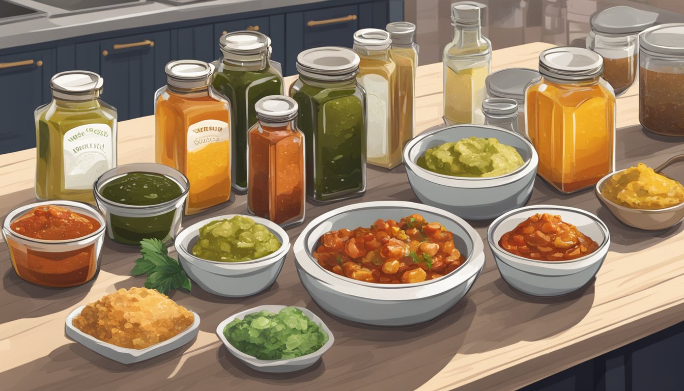 A variety of fresh marinades and sauces sit on a kitchen counter, with open bottles and jars showing different colors and textures