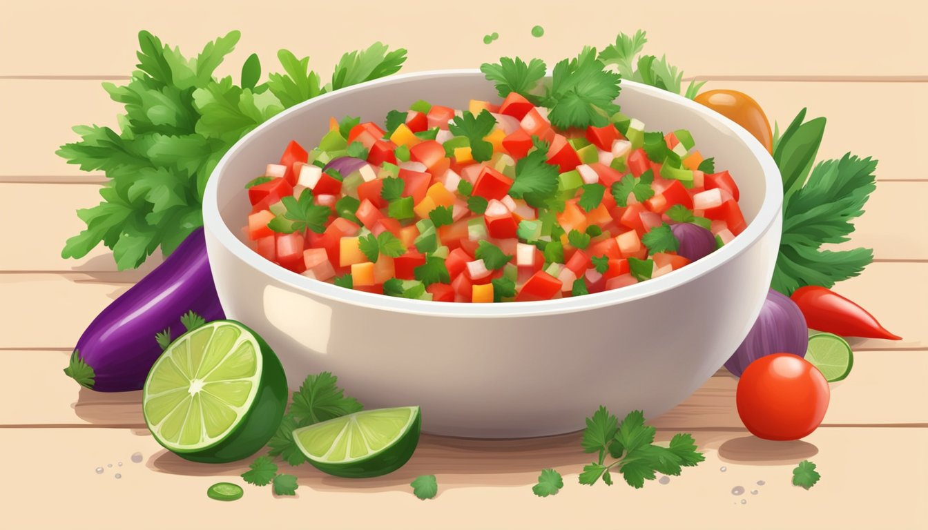 A bowl of fresh salsa sits on a wooden table, surrounded by vibrant, diced vegetables and herbs. A few drops of lime juice glisten on the surface