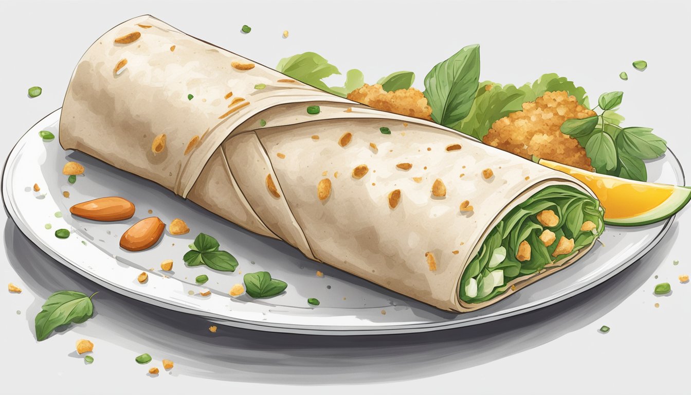 A freshly made wrap sits on a clean, white plate with a few scattered crumbs. The edges of the wrap are slightly curled, indicating it has been sitting out for a little while