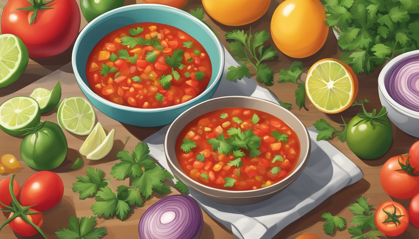 A bowl of fresh salsa sits on a kitchen counter, surrounded by colorful ingredients like tomatoes, onions, and cilantro. It appears vibrant and appetizing