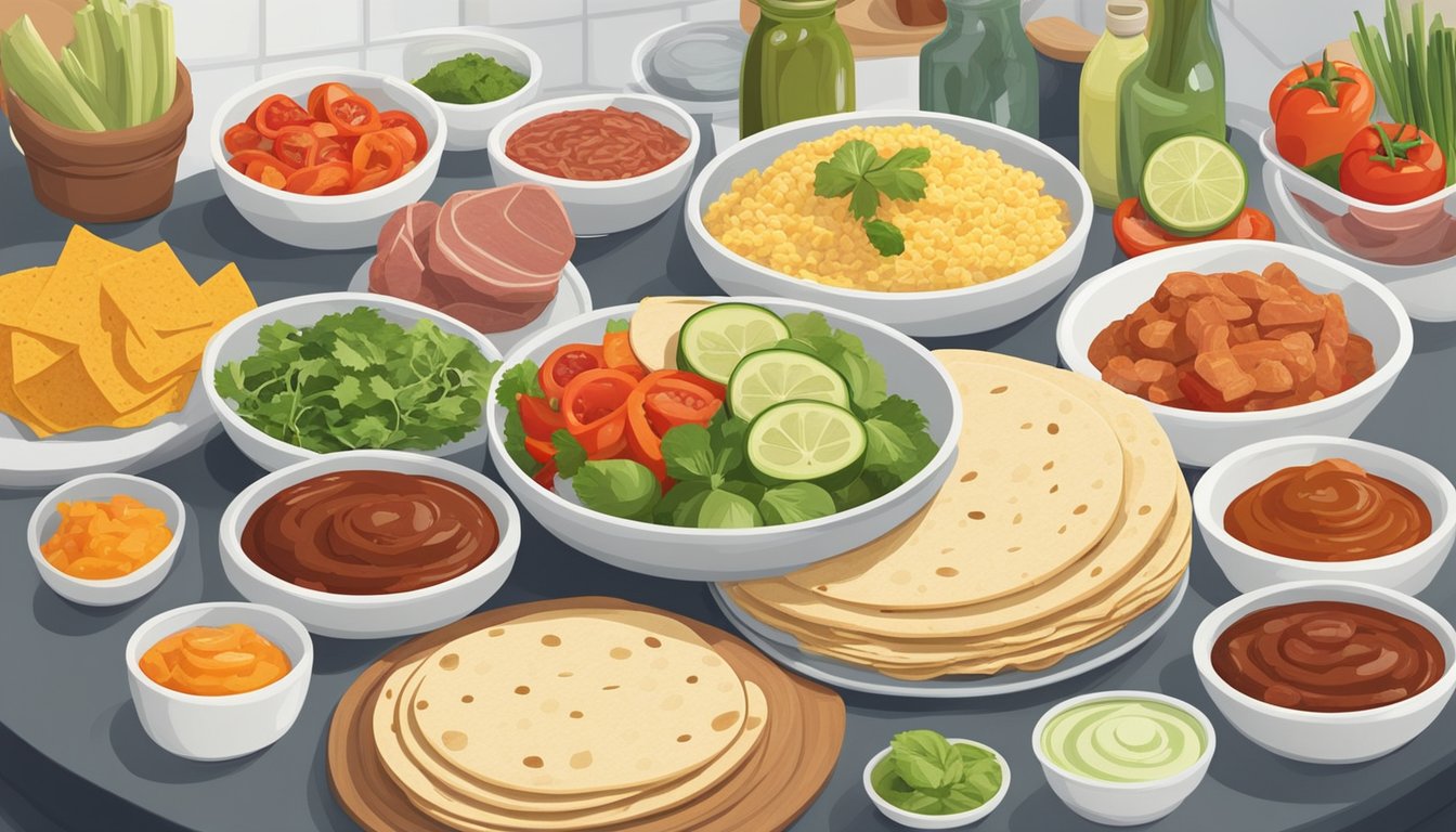 A variety of fresh ingredients, such as vegetables, meats, and sauces, are neatly arranged on a clean, white countertop next to a stack of fresh tortillas