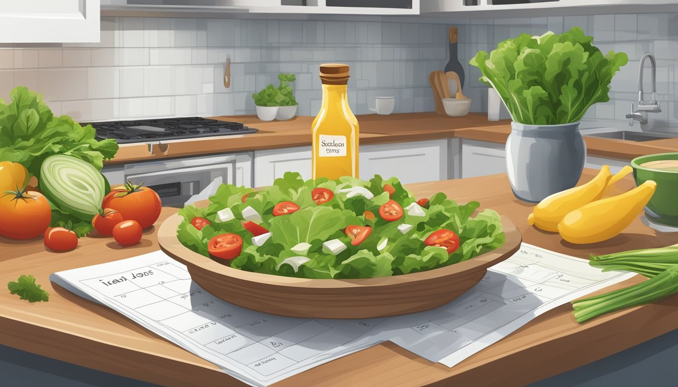 A bottle of salad dressing sits on a kitchen counter, surrounded by fresh ingredients. A calendar on the wall indicates the current date