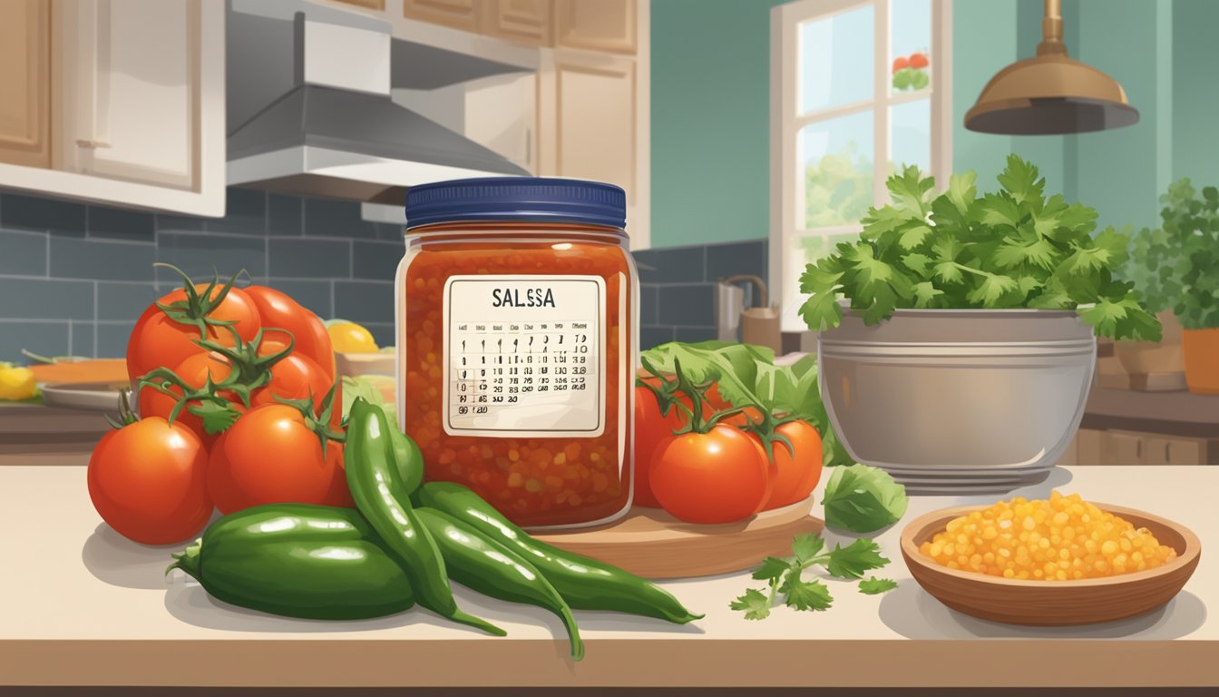 A jar of fresh salsa on a kitchen counter, surrounded by colorful ingredients like tomatoes, onions, and cilantro. A calendar on the wall shows the current date