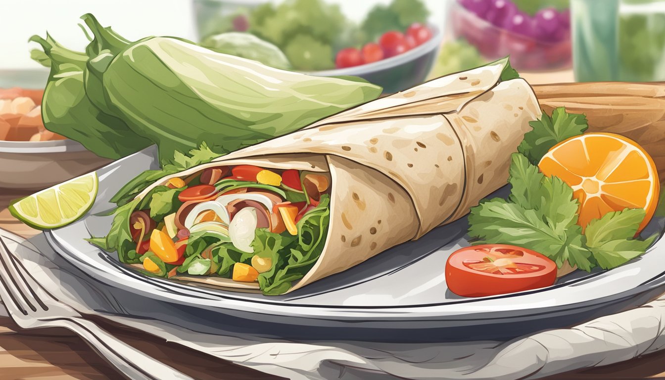 A freshly made wrap sits on a clean plate, surrounded by colorful, fresh ingredients. The wrap is tightly rolled and secured with a toothpick