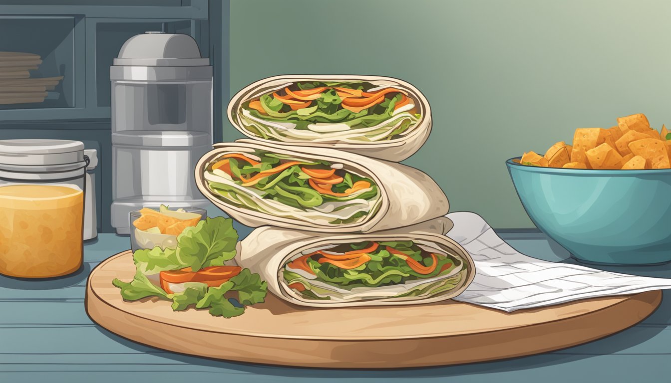 A stack of freshly made wraps sits on a countertop next to a container of leftovers. A calendar on the wall shows the current date