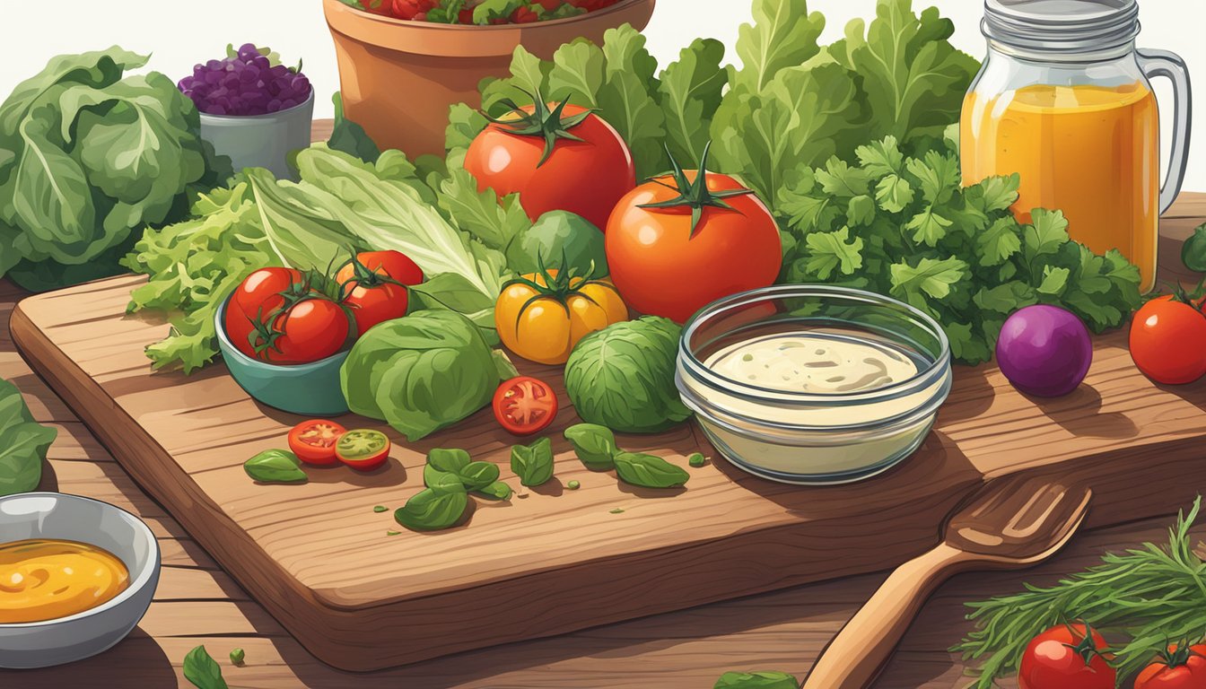 A colorful array of fresh ingredients, including vibrant leafy greens, ripe tomatoes, and assorted herbs, sit on a wooden cutting board next to a glass jar of homemade salad dressing