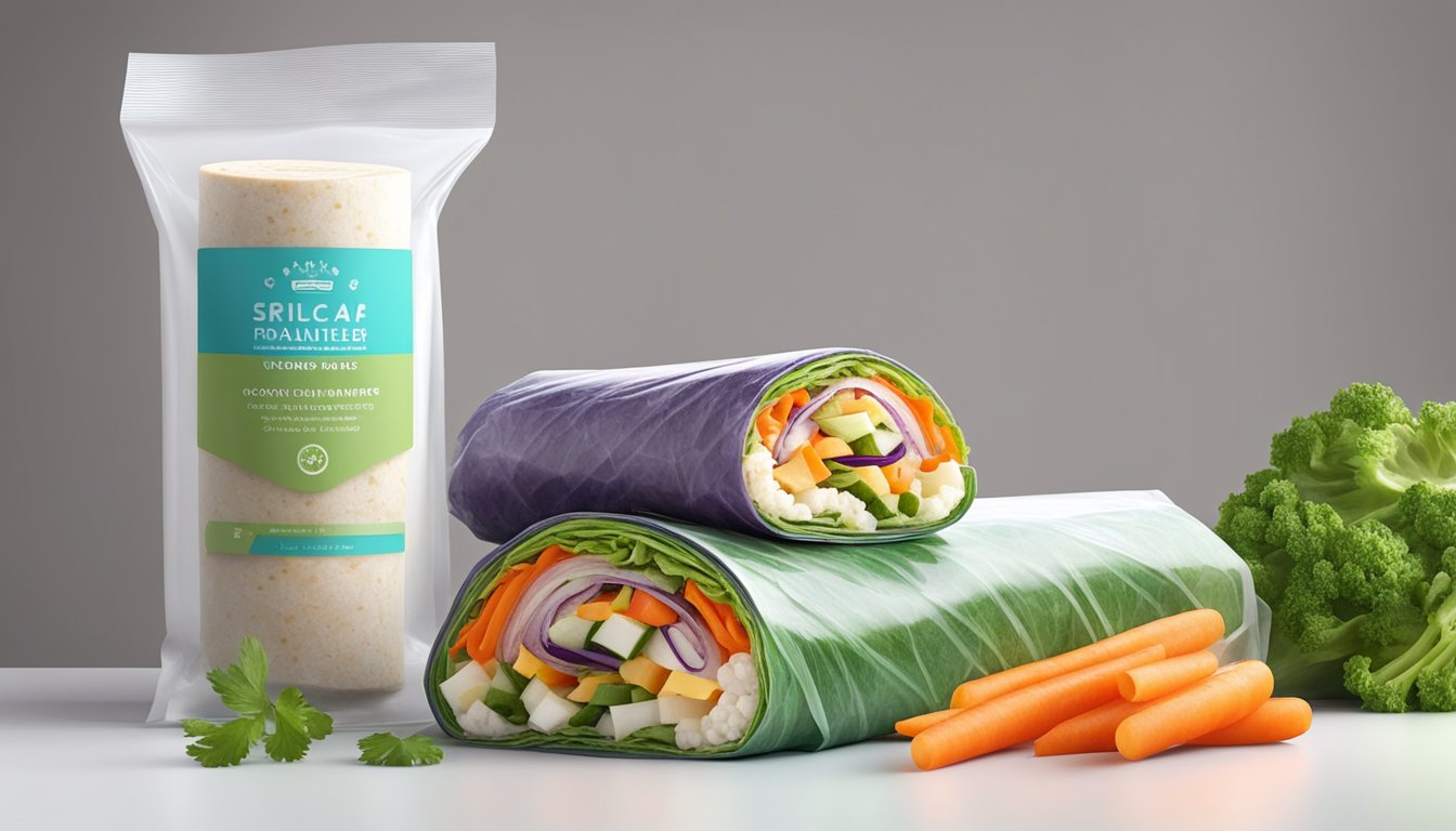 A stack of colorful wraps sits on a clean, white countertop next to a container of sliced vegetables. The wraps are tightly wrapped in plastic wrap to preserve their freshness