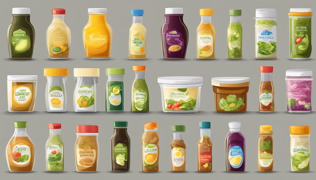 A variety of salad dressings in different containers, some open and used, others sealed and untouched, with expiration dates visible