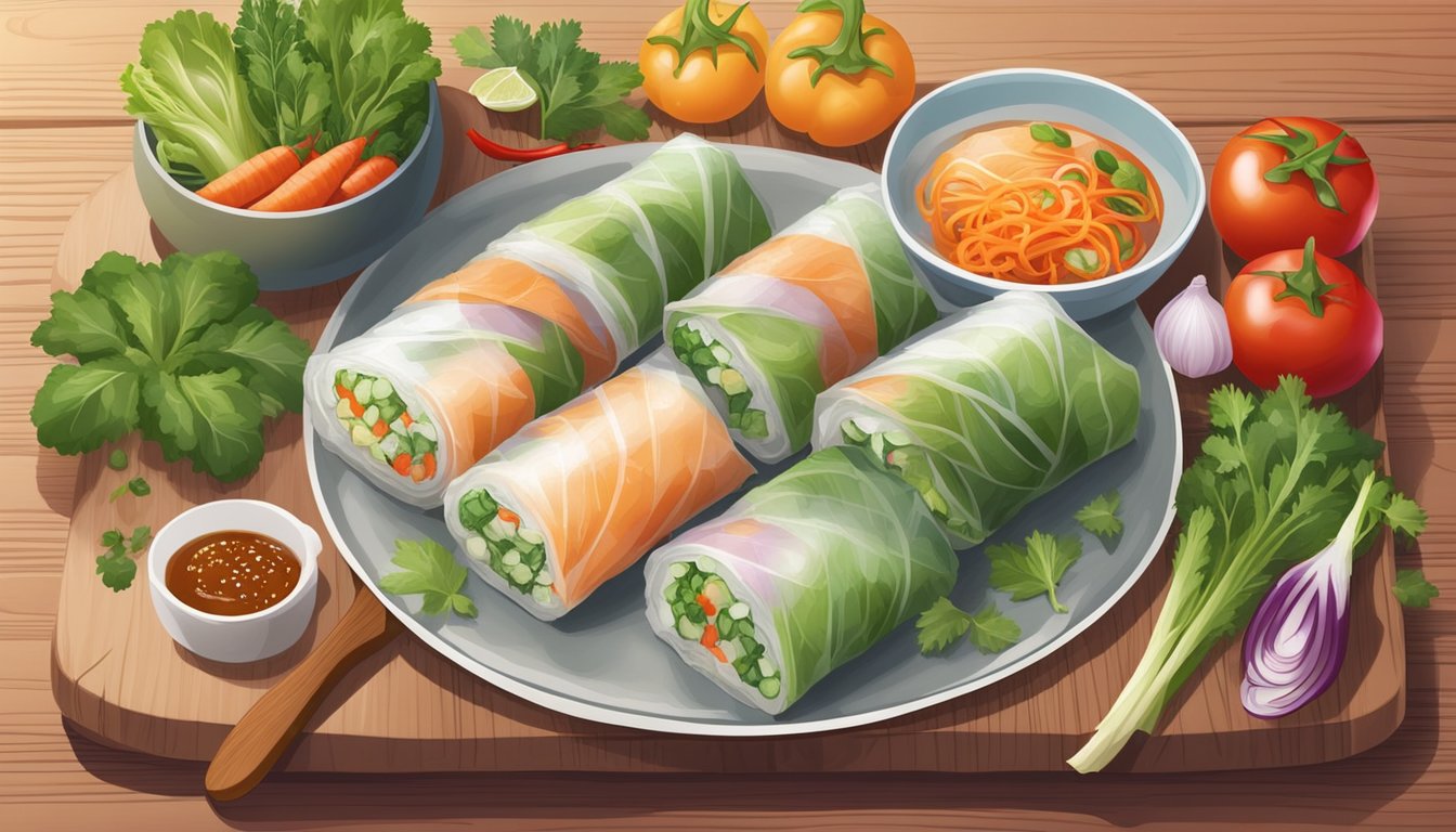 A plate of fresh spring rolls sits on a wooden cutting board, surrounded by a variety of colorful vegetables and herbs