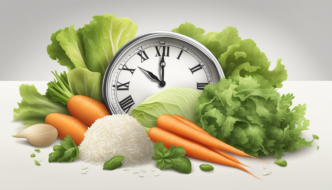 A pile of fresh ingredients, including lettuce, carrots, herbs, and rice paper, arranged on a clean, white surface, with a clock showing the passage of time