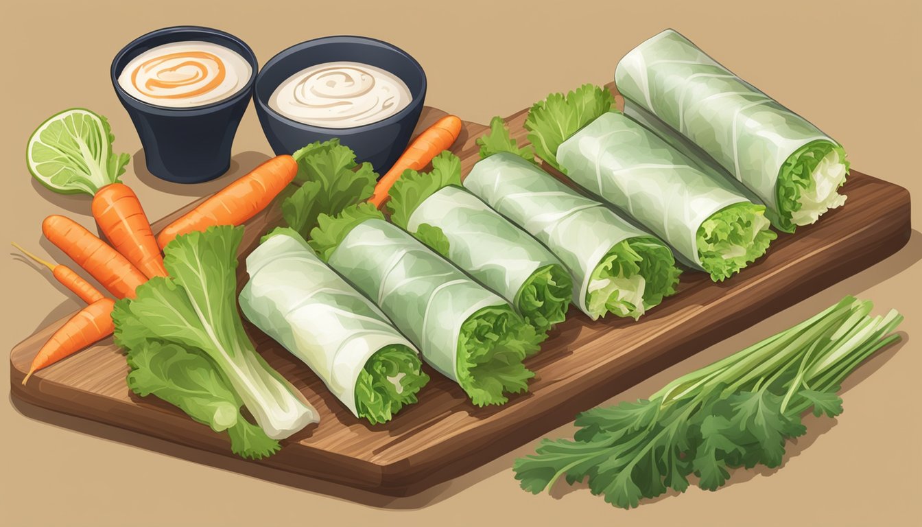 A plate of fresh spring rolls sitting on a wooden cutting board, surrounded by vibrant, fresh ingredients such as lettuce, carrots, and herbs