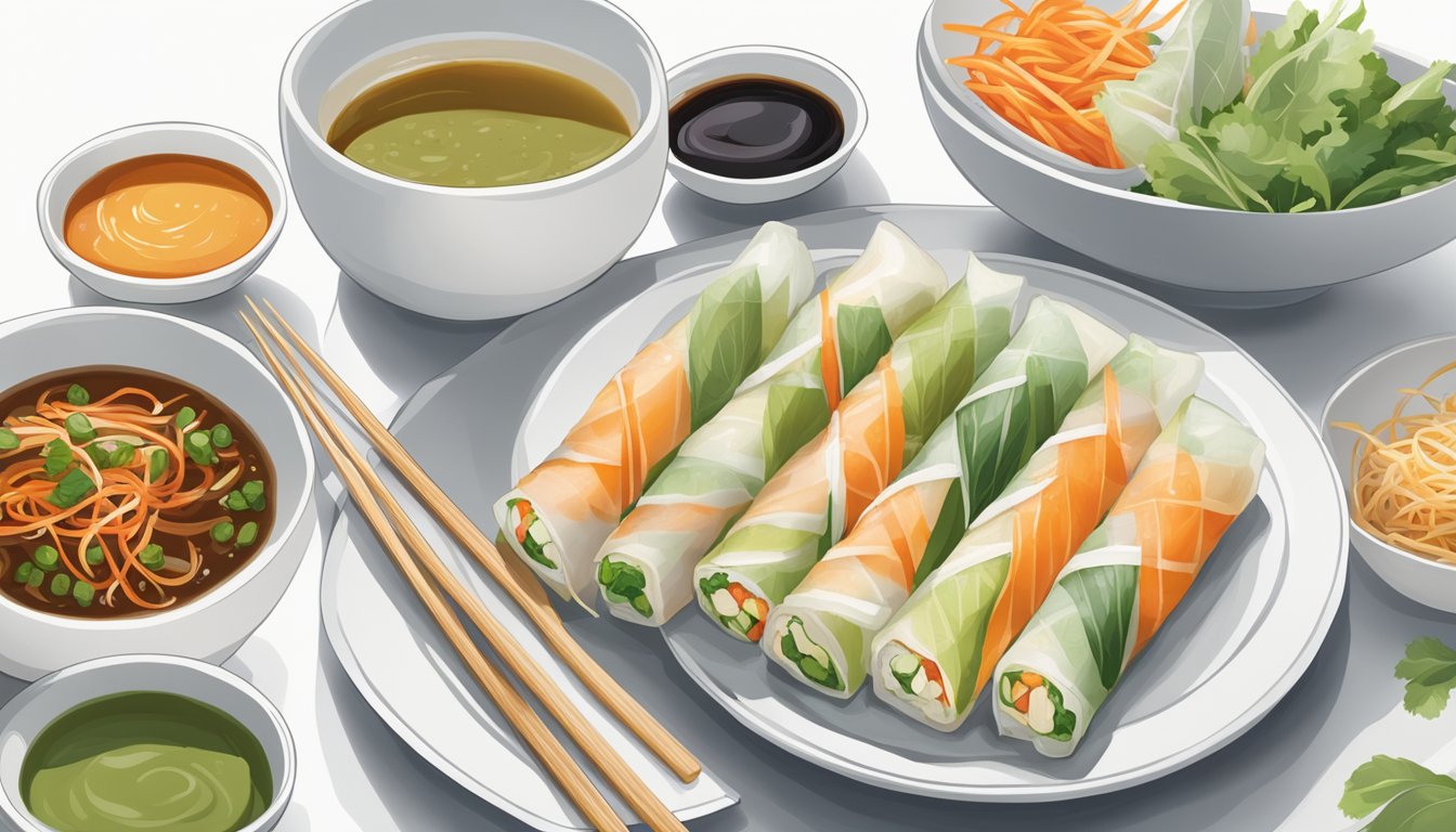 A plate of fresh spring rolls sitting on a clean, white countertop next to a bowl of dipping sauce. The rolls are neatly arranged and look colorful and appetizing