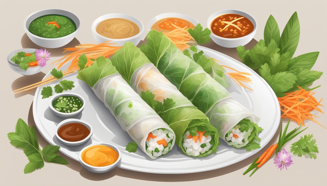 Fresh spring rolls arranged on a plate with various fillings and garnishes, surrounded by vibrant herbs and dipping sauces