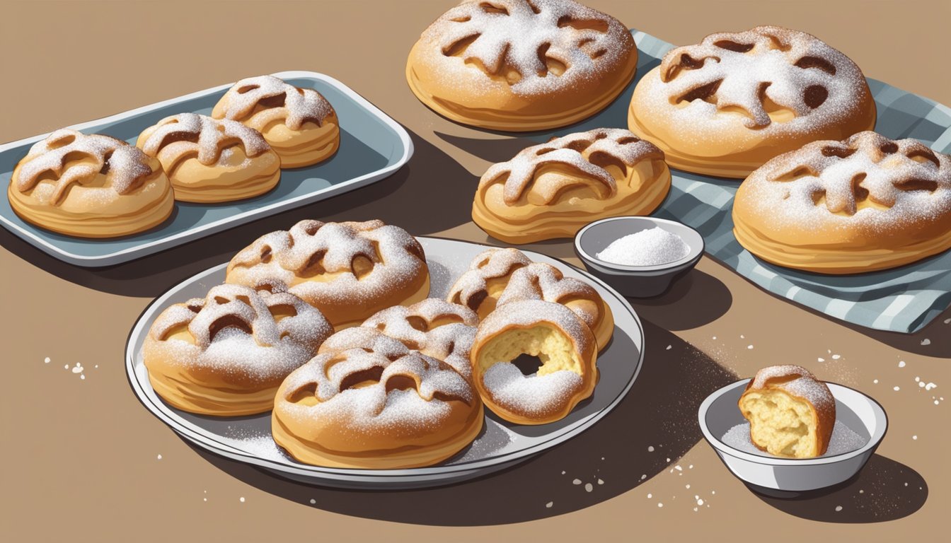 A plate of Danish pastries sits on a kitchen counter, with a few crumbs scattered around. The pastries appear golden brown and flaky, with a light dusting of powdered sugar on top