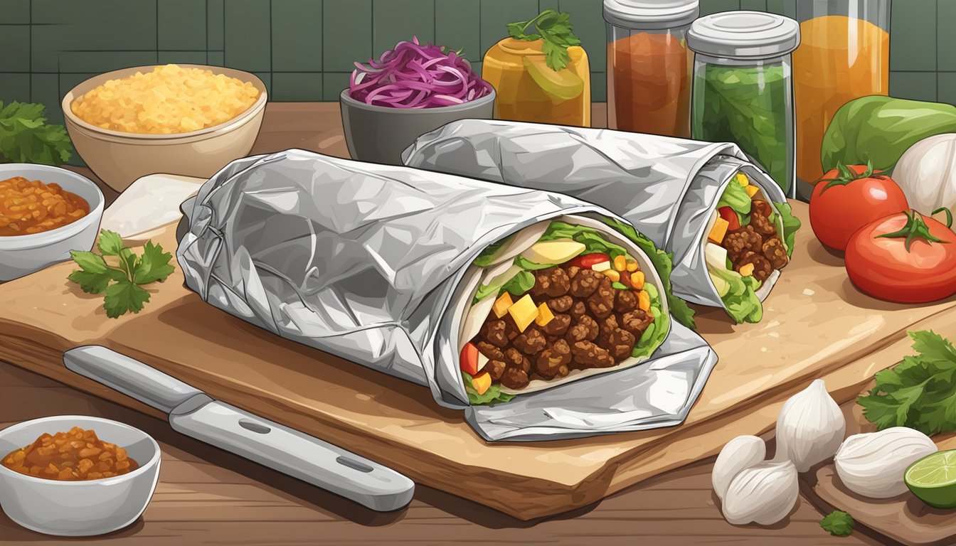 A freshly prepared burrito sits on a kitchen counter, surrounded by ingredients and utensils. The burrito is wrapped in foil and shows no signs of spoilage