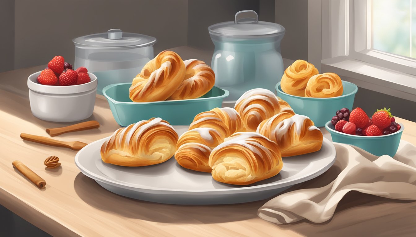 A kitchen counter with a plate of freshly baked Danish pastries covered with a clean cloth, surrounded by airtight containers for storage