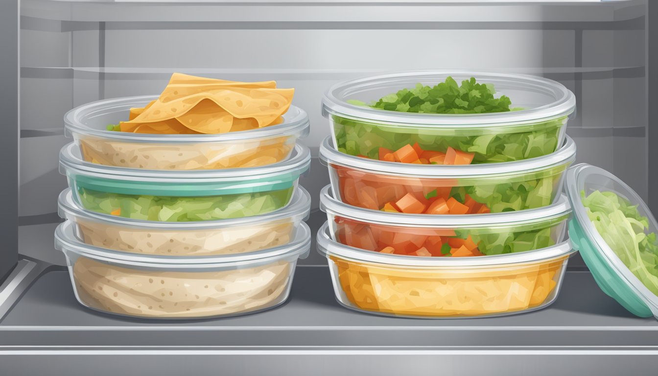 A stack of wrapped burritos in airtight containers, labeled with preparation date, stored in a refrigerator