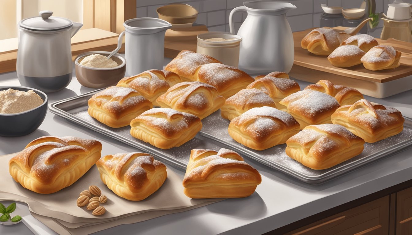 A tray of freshly baked Danish pastries sits on a kitchen counter, surrounded by a variety of ingredients and utensils. The pastries are golden brown and flaky, with a light dusting of powdered sugar on top