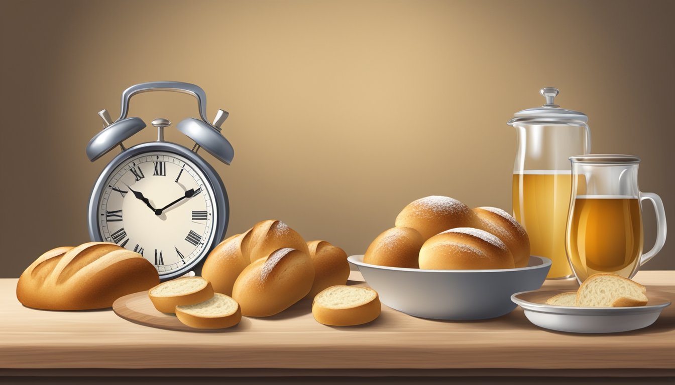 A kitchen counter with a plate of freshly baked bread rolls, surrounded by a clock showing the passage of time