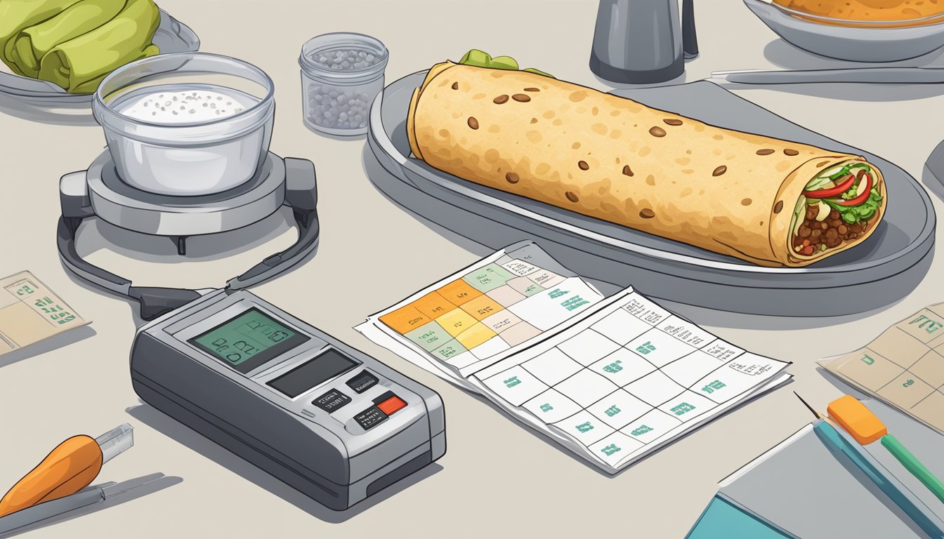 A stack of freshly prepared burritos on a clean, labeled surface, surrounded by temperature monitoring equipment and a calendar marking the date of preparation