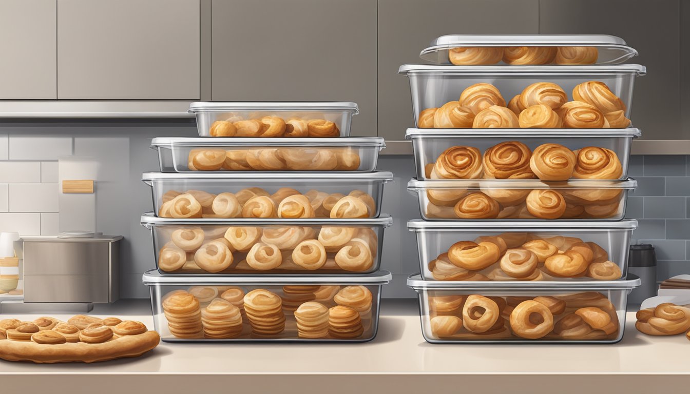 A stack of airtight storage containers filled with freshly baked Danish pastries, placed on a clean countertop