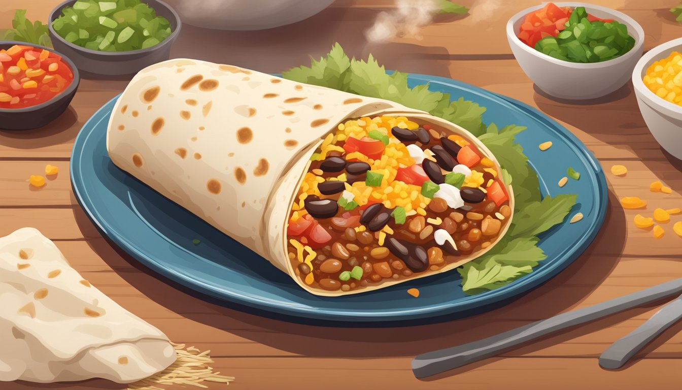 A steaming hot burrito sits on a plate, surrounded by colorful ingredients like rice, beans, and salsa. The aroma of the freshly prepared meal fills the air