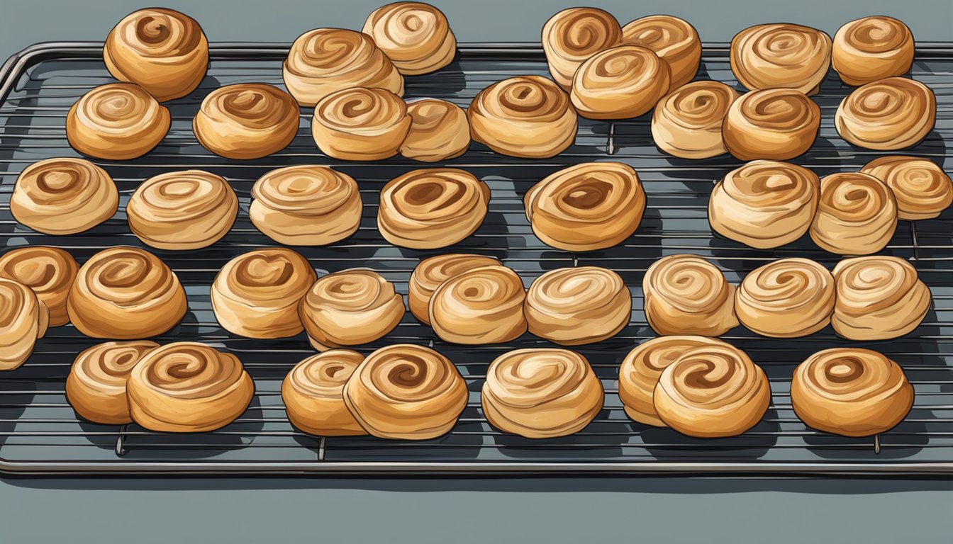 Freshly baked Danish pastries arranged on a cooling rack, with a timer set nearby