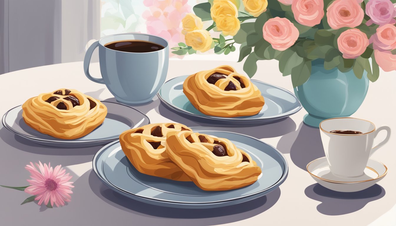 A plate of Danish pastries sits on a table, surrounded by a steaming cup of coffee and a vase of fresh flowers