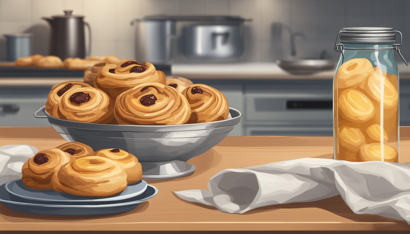 A plate of Danish pastries sits on a kitchen counter next to a glass jar and a metal tin. The pastries are wrapped in parchment paper to keep them fresh