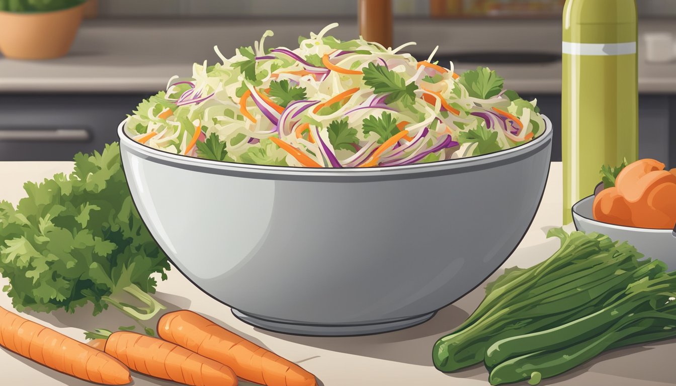 A bowl of freshly prepared coleslaw sits on a kitchen counter, surrounded by colorful vegetables and a bottle of dressing