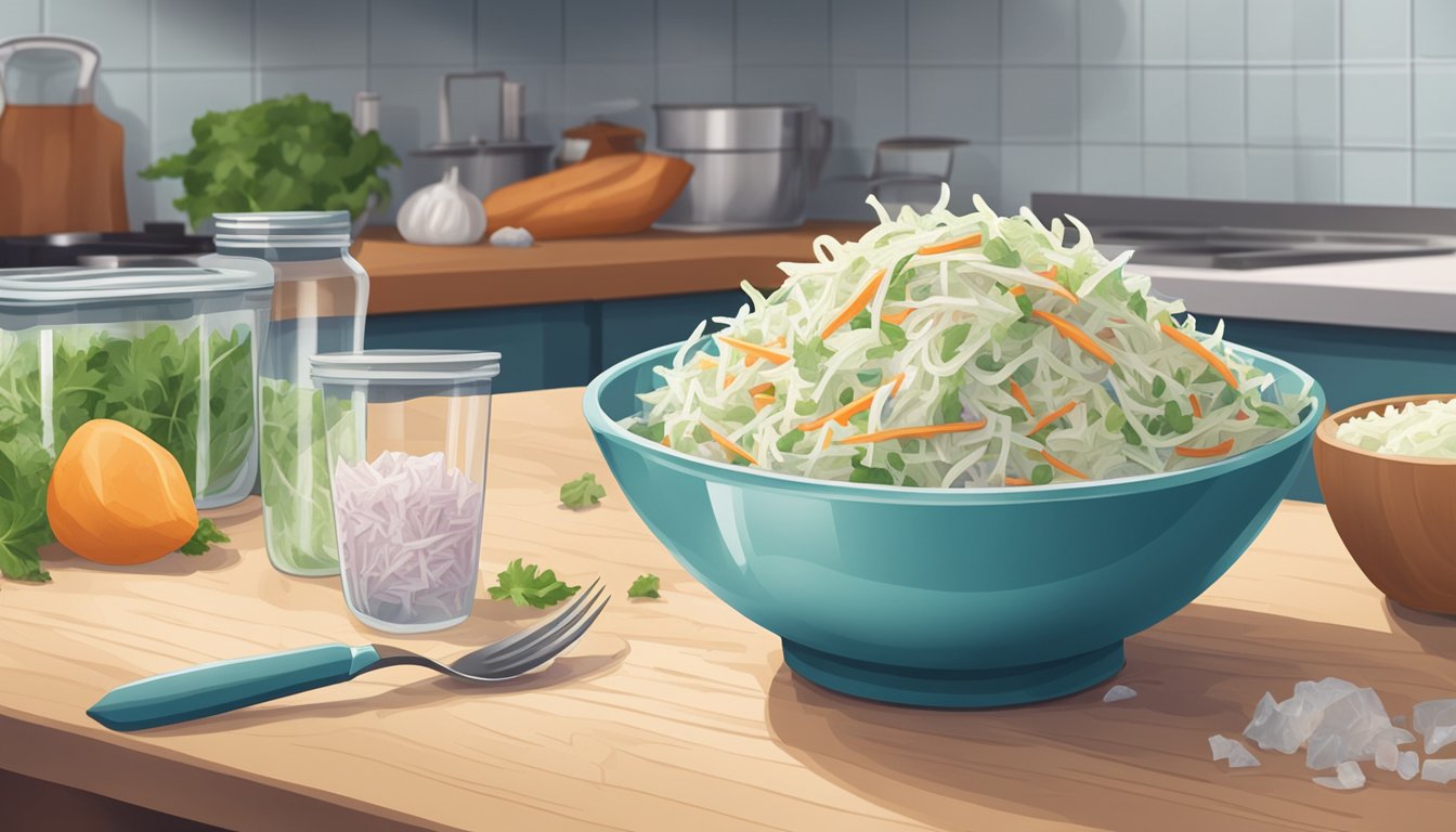 A bowl of coleslaw sits on a kitchen counter next to a container of ice. The coleslaw is covered and surrounded by ice to keep it fresh