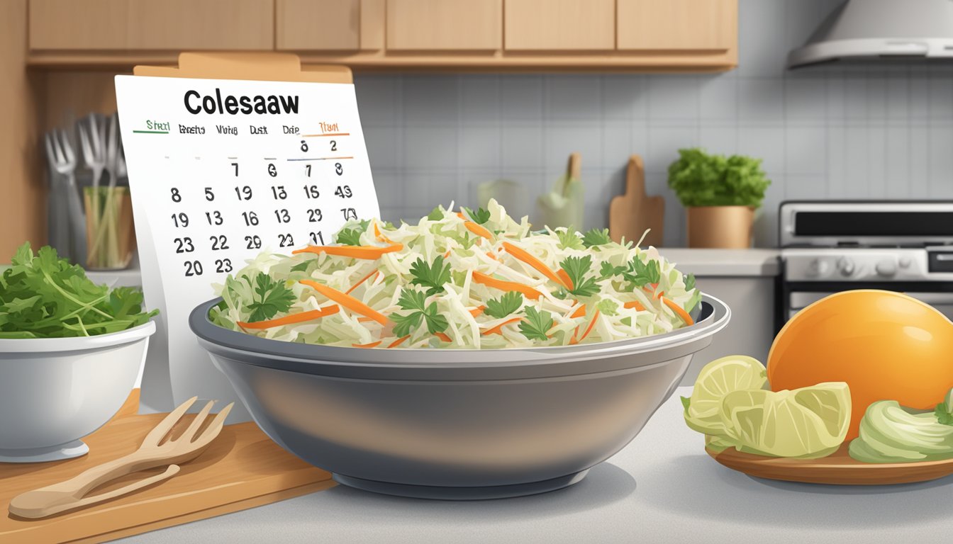 A bowl of coleslaw sits on a kitchen counter, surrounded by ingredients and a calendar. The calendar shows the current date and a "best by" date for the coleslaw