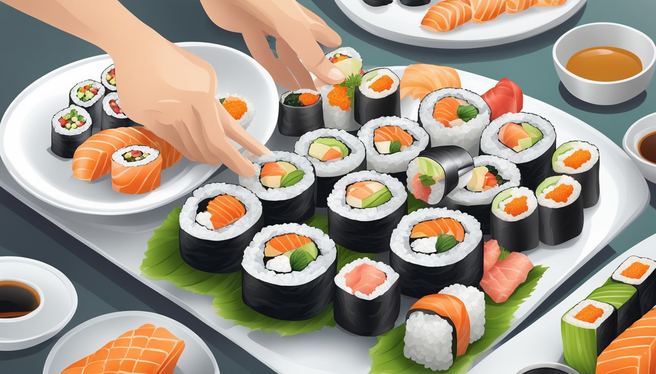 A chef carefully prepares a variety of sushi rolls, using fresh ingredients and precise techniques. The rolls are neatly arranged on a clean, white plate, ready to be served