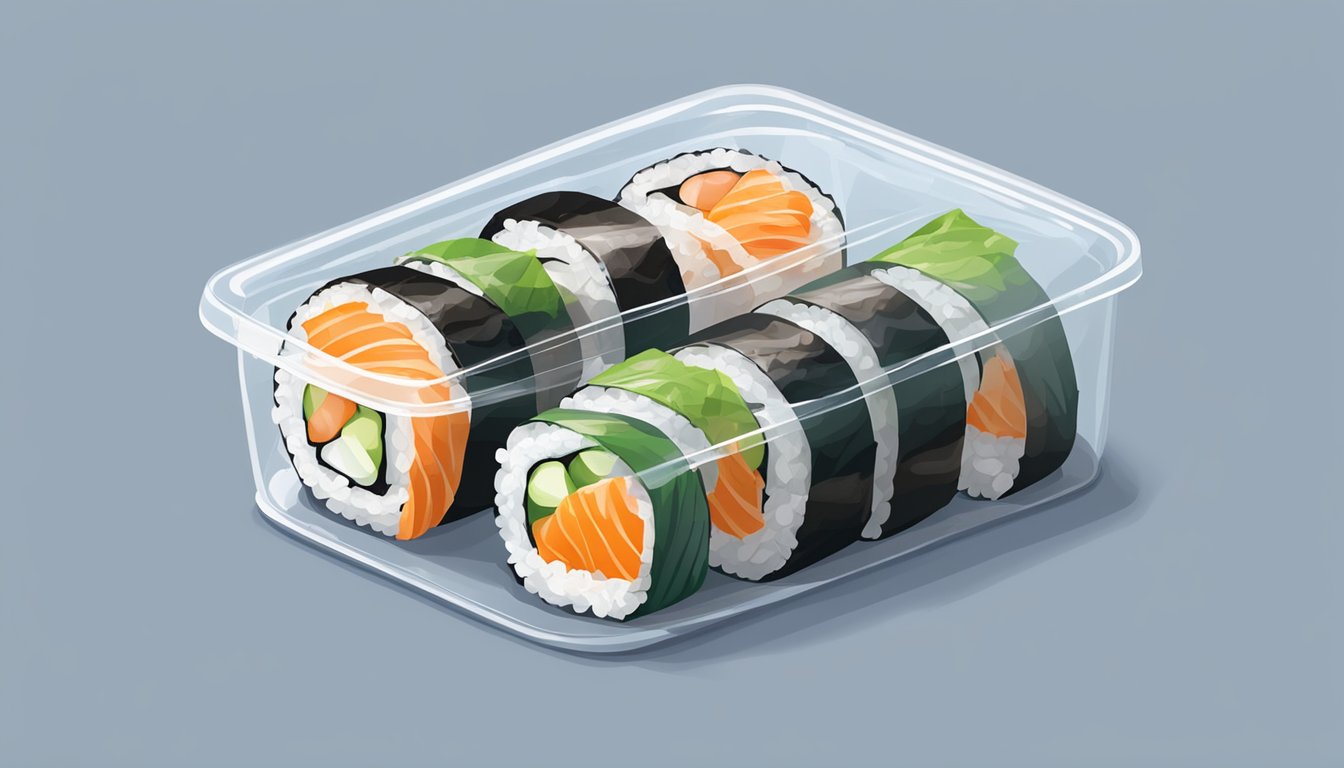 A sushi roll is tightly wrapped in plastic wrap and placed in a sealed container in the refrigerator