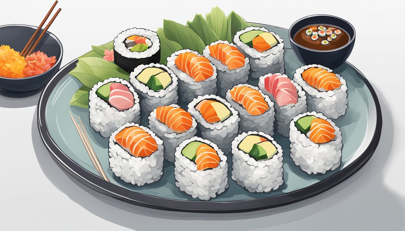 A plate of freshly made sushi rolls sits on a clean, white ceramic plate, surrounded by colorful garnishes and a pair of chopsticks